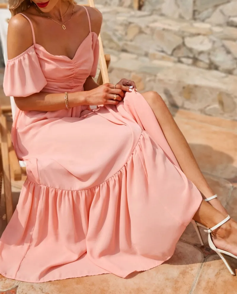 Abito a trapezio rosa a vita alta a maniche corte da donna