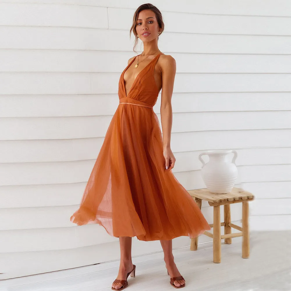 Abito Donna Campana Scollo V Bretelle Schiena Scoperta Monocolore Tulle Elegante Cerimonia