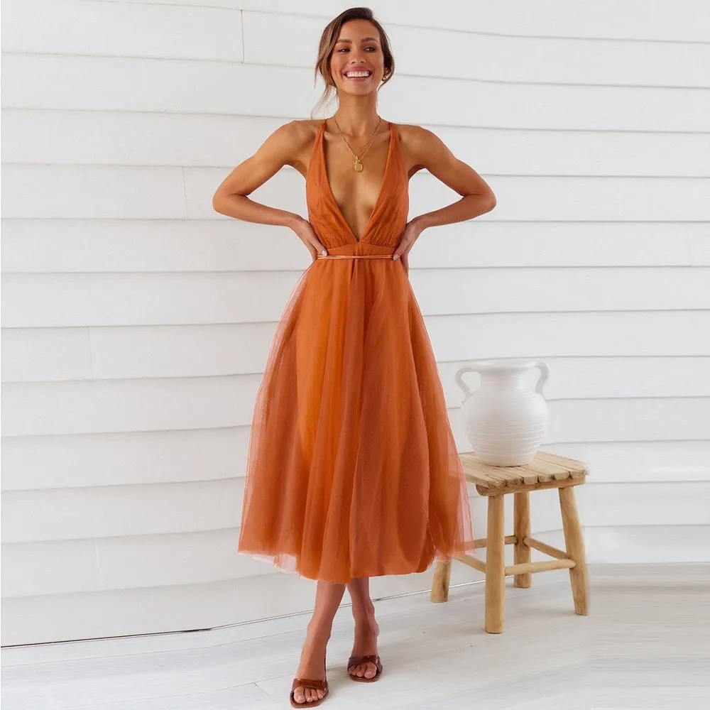 Abito Donna Campana Scollo V Bretelle Schiena Scoperta Monocolore Tulle Elegante Cerimonia