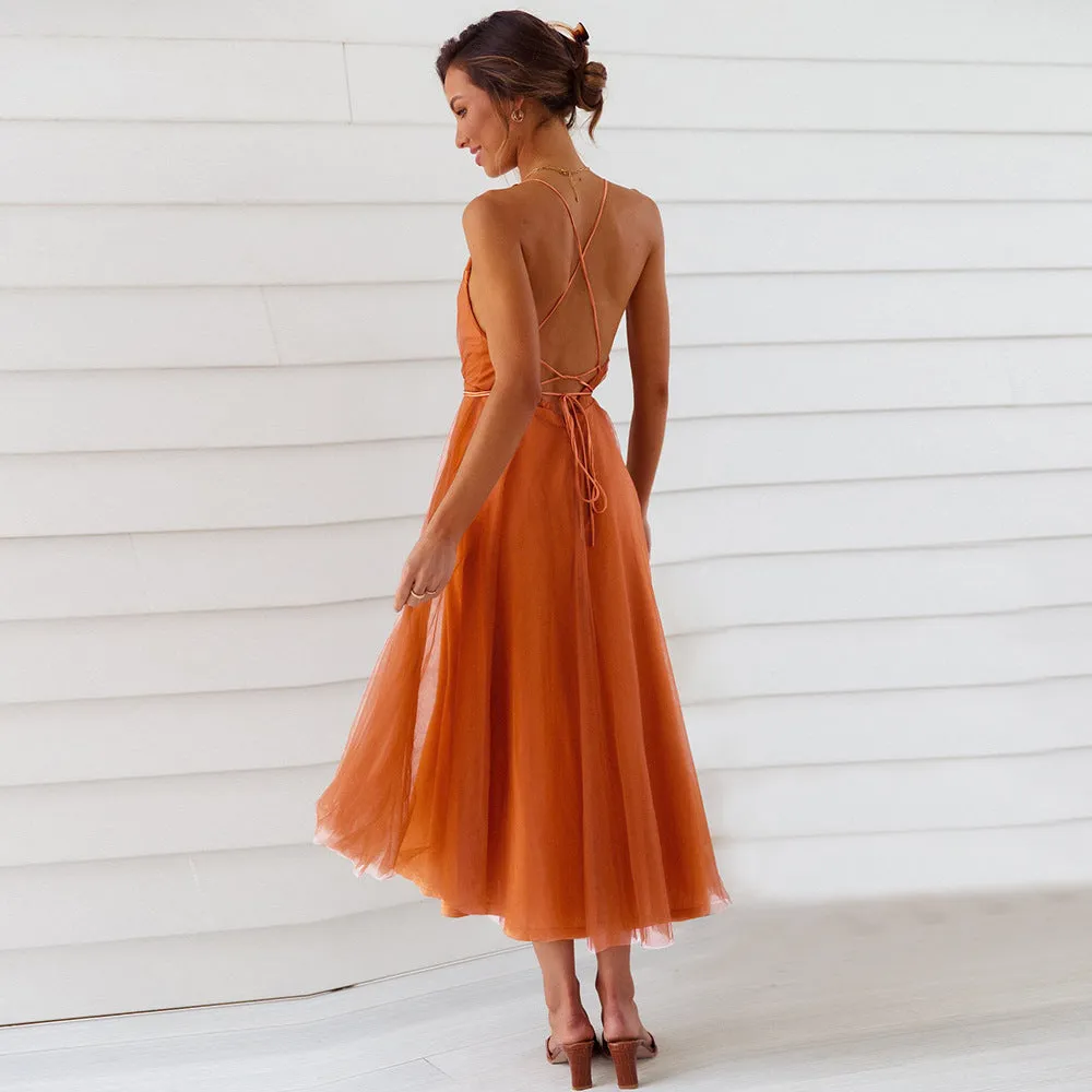 Abito Donna Campana Scollo V Bretelle Schiena Scoperta Monocolore Tulle Elegante Cerimonia