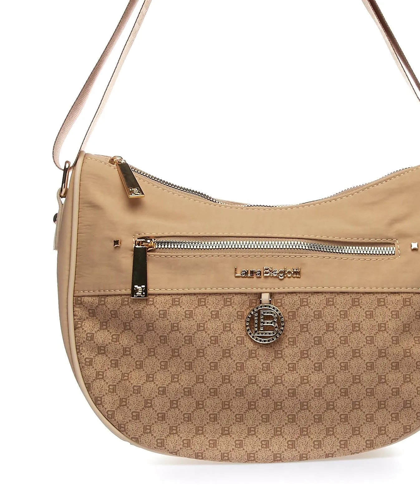Borsa a mezza luna beige con fantasia multi-logo e tracolla regolabile in tessuto