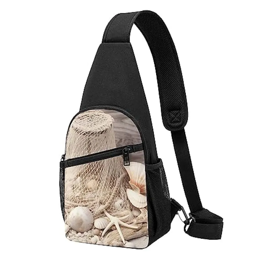 Borsa a tracolla unisex con rete da pesca costiera con stampa a conchiglia, Nero , Taglia unica 166248799