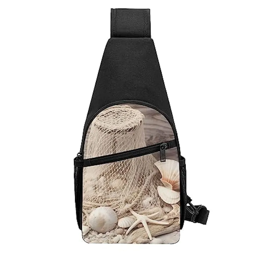 Borsa a tracolla unisex con rete da pesca costiera con stampa a conchiglia, Nero , Taglia unica 166248799