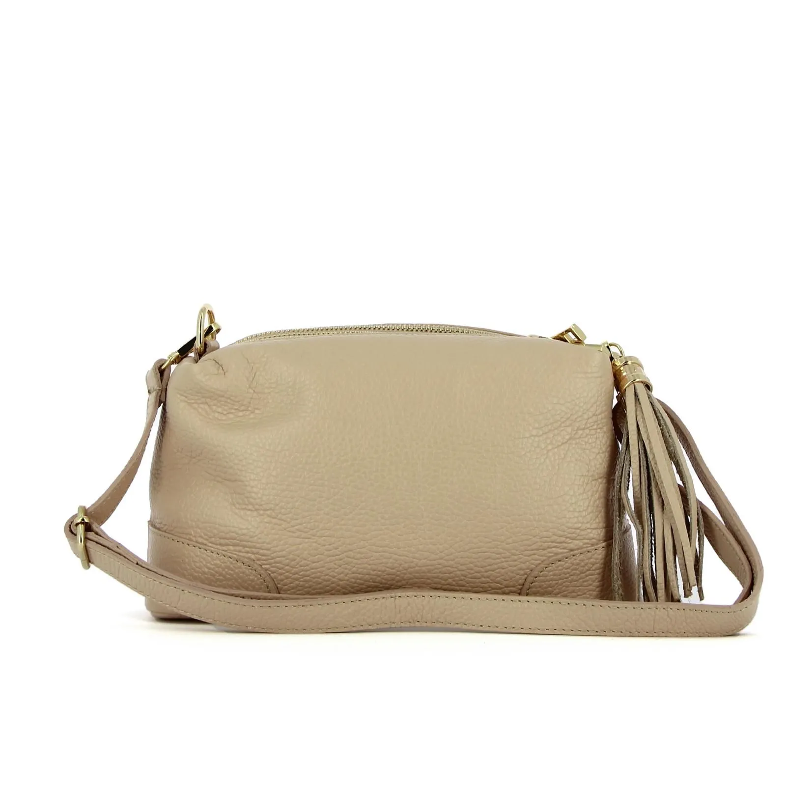 Borsa rosa in pelle con tracolla regolabile e nappina