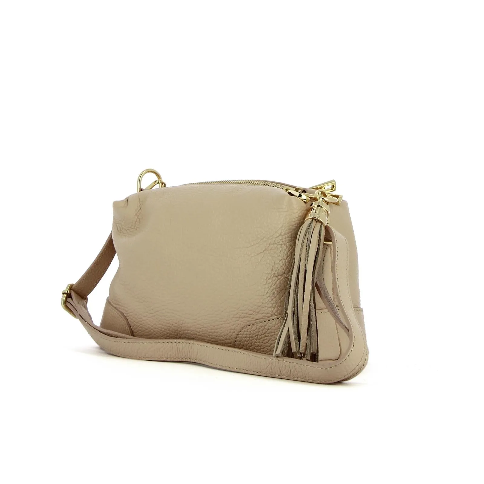 Borsa rosa in pelle con tracolla regolabile e nappina