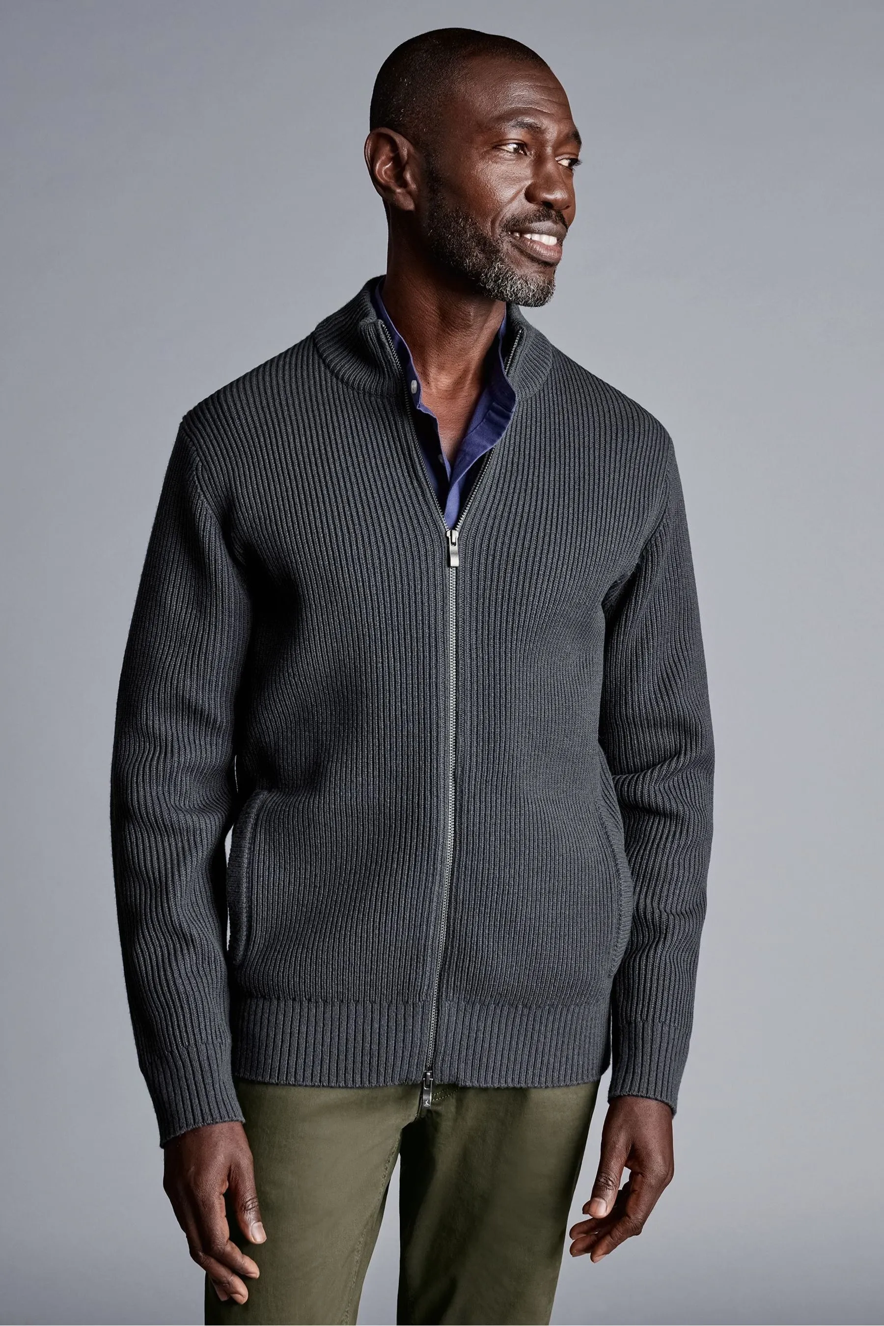 Cardigan Charles Tyrwhitt spesso a coste con zip Collo a imbuto