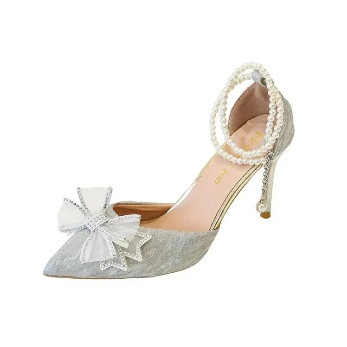 Eleganti décolleté con tacco alto argento da donna Cinturini alla caviglia autunnali Scarpe da festa Scarpe da sposa con papillo