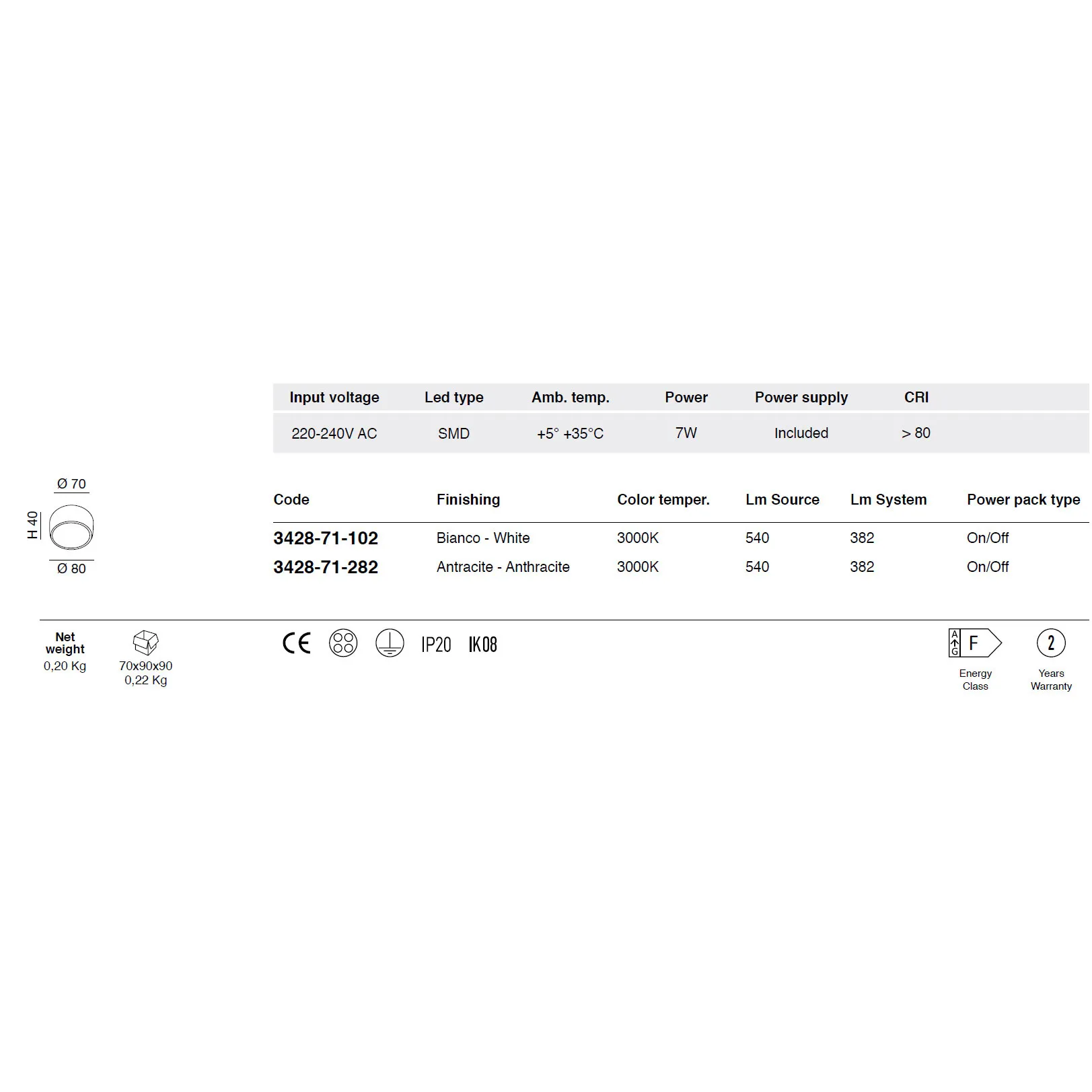 Fabas Luce  Faretto da soffitto 1 luce a LED dal design moderno Vasto - 7W - 3000k Luce Calda