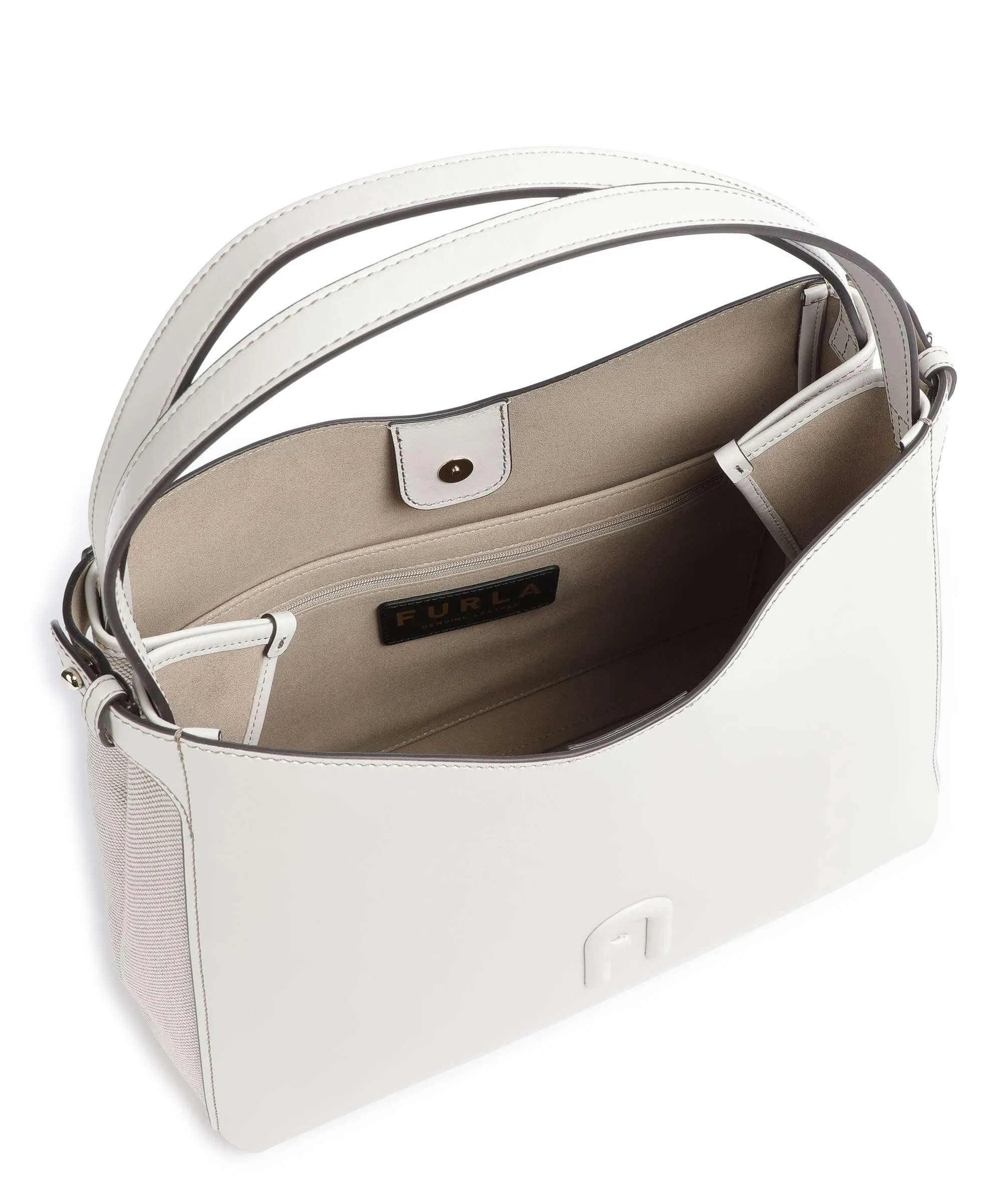  Furla Primula L Borsa hobo pelle a grana fine, cotone avorio  