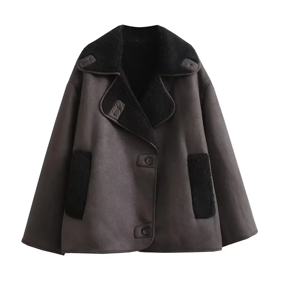 Giacca Donna Manica Lunga Polsini Colletto Pelliccia Sintetica Scollo V Tasche Bottoni Autunno Inverno