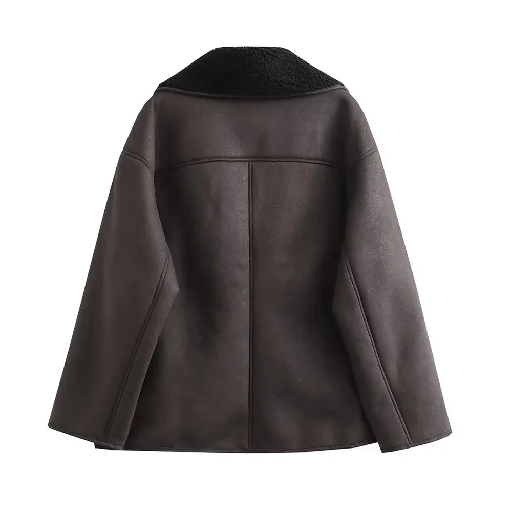 Giacca Donna Manica Lunga Polsini Colletto Pelliccia Sintetica Scollo V Tasche Bottoni Autunno Inverno