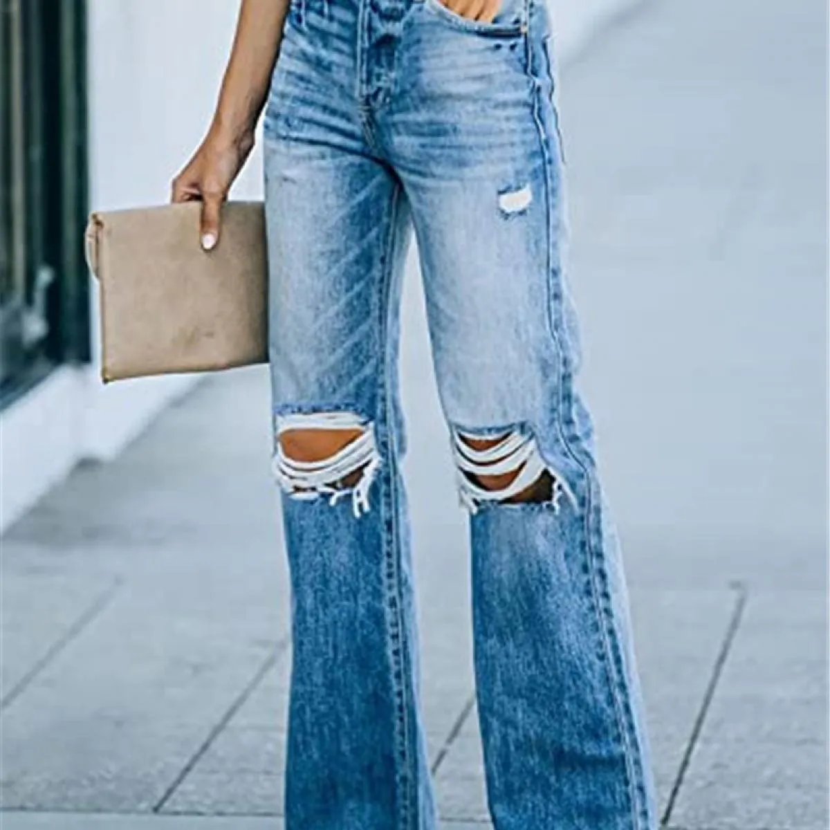 Jeans a vita alta strappati a gamba larga Jeans dritti a gamba larga strappati a vita alta 2023