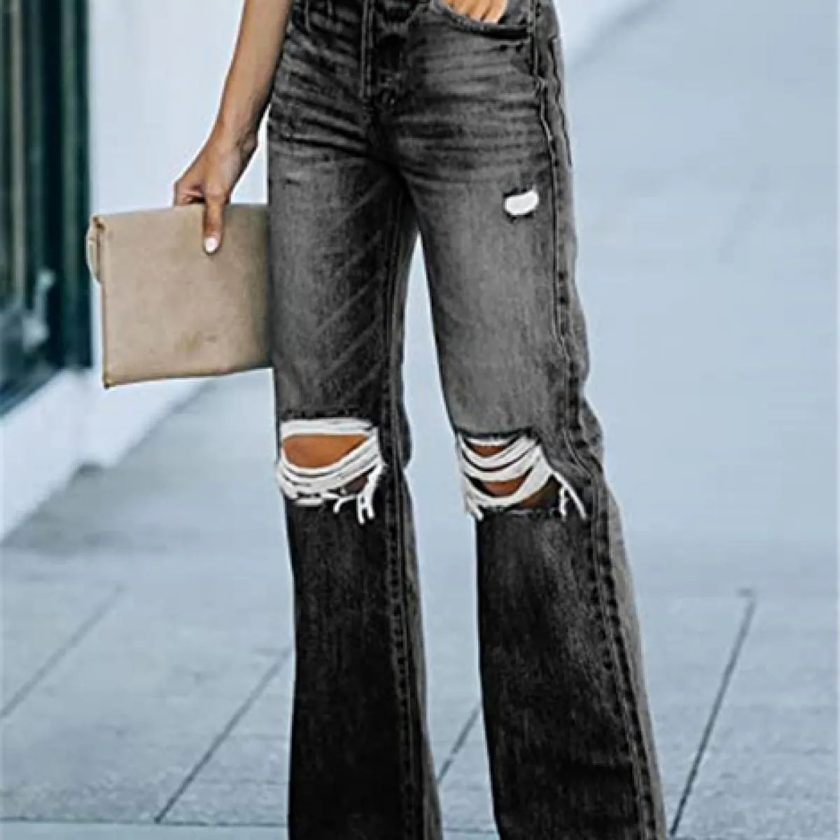 Jeans a vita alta strappati a gamba larga Jeans dritti a gamba larga strappati a vita alta 2023