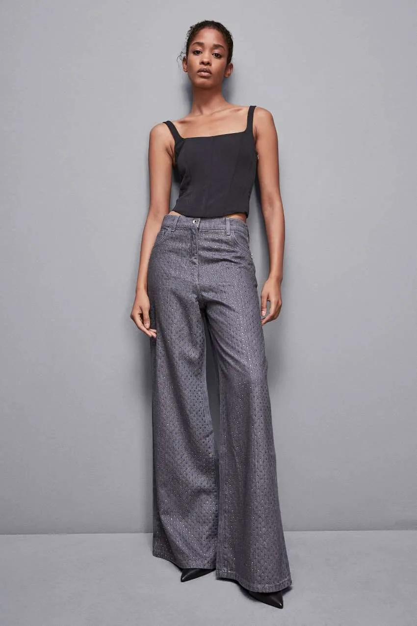 Jeans Grigio Vita Bassa Wide Leg Strass Patrizia Pepe