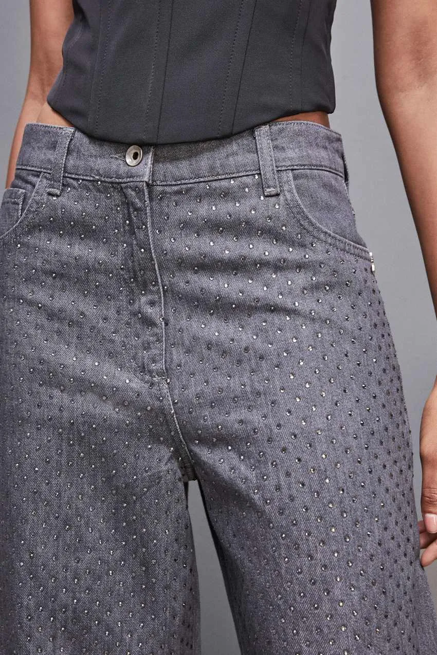 Jeans Grigio Vita Bassa Wide Leg Strass Patrizia Pepe
