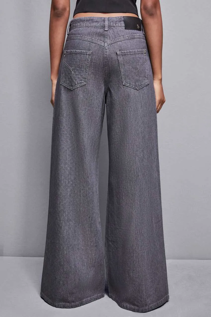 Jeans Grigio Vita Bassa Wide Leg Strass Patrizia Pepe