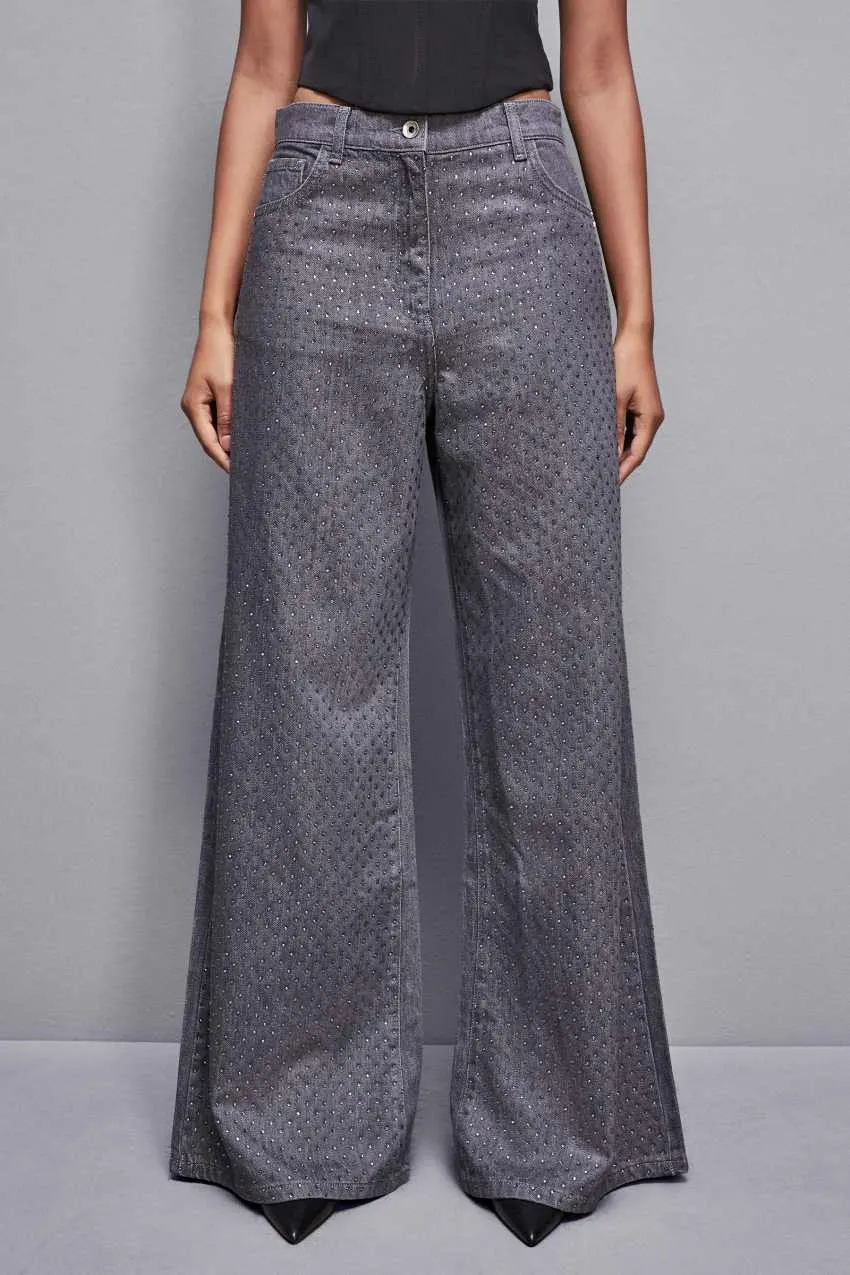 Jeans Grigio Vita Bassa Wide Leg Strass Patrizia Pepe