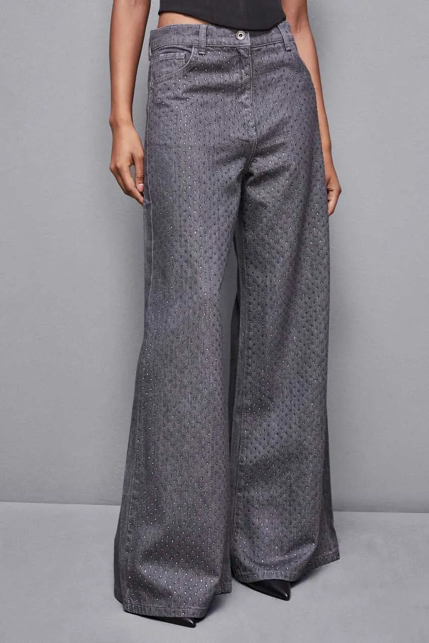 Jeans Grigio Vita Bassa Wide Leg Strass Patrizia Pepe