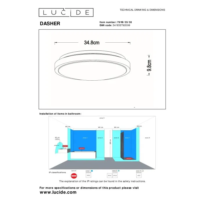 Lucide DASHER Plafoniera LED Nero, 1-Luce, Sensori di movimento