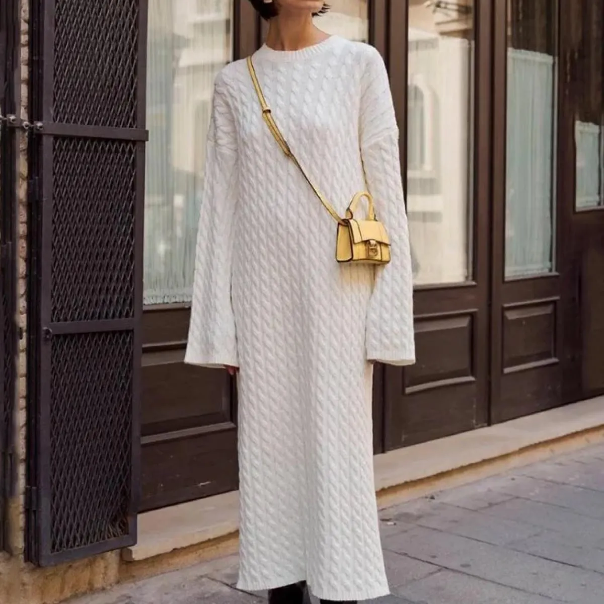 Maglieria allentata Abito lungo a coste Abito lungo in maglia patchwork a vita alta casual femminile a maniche lunghe per