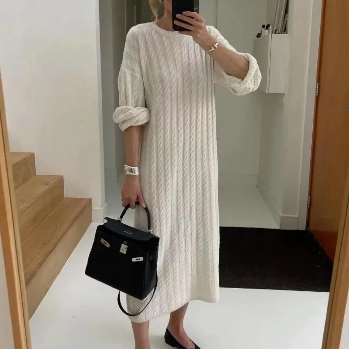 Maglieria allentata Abito lungo a coste Abito lungo in maglia patchwork a vita alta casual femminile a maniche lunghe per