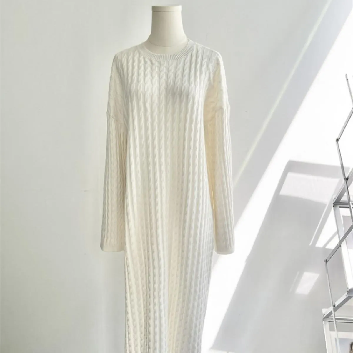 Maglieria allentata Abito lungo a coste Abito lungo in maglia patchwork a vita alta casual femminile a maniche lunghe per