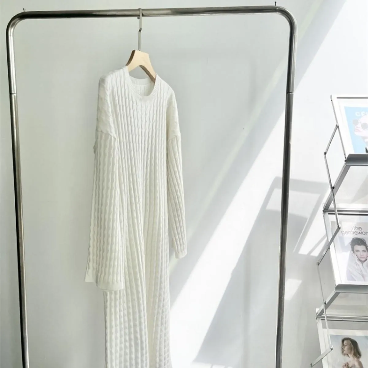 Maglieria allentata Abito lungo a coste Abito lungo in maglia patchwork a vita alta casual femminile a maniche lunghe per