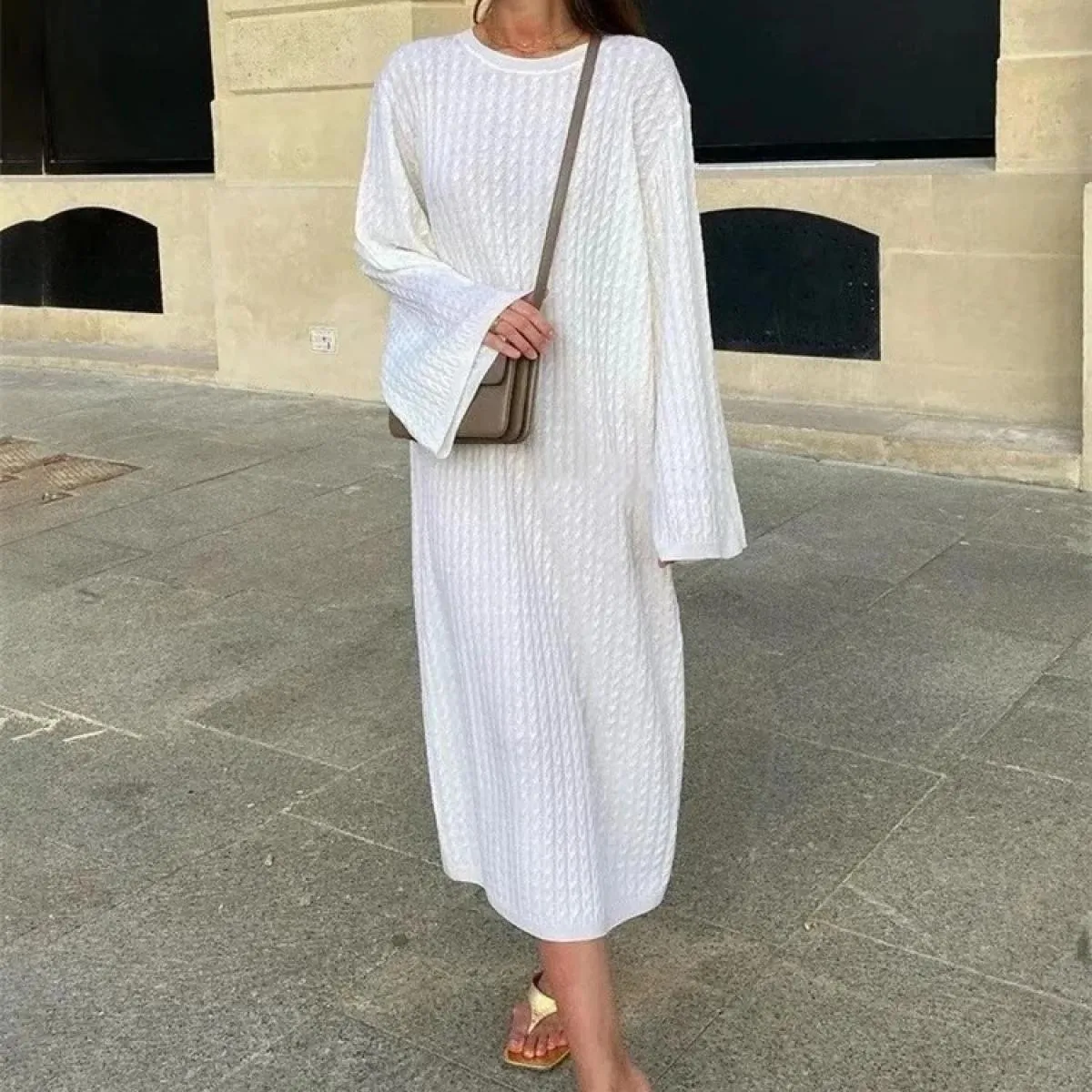 Maglieria allentata Abito lungo a coste Abito lungo in maglia patchwork a vita alta casual femminile a maniche lunghe per