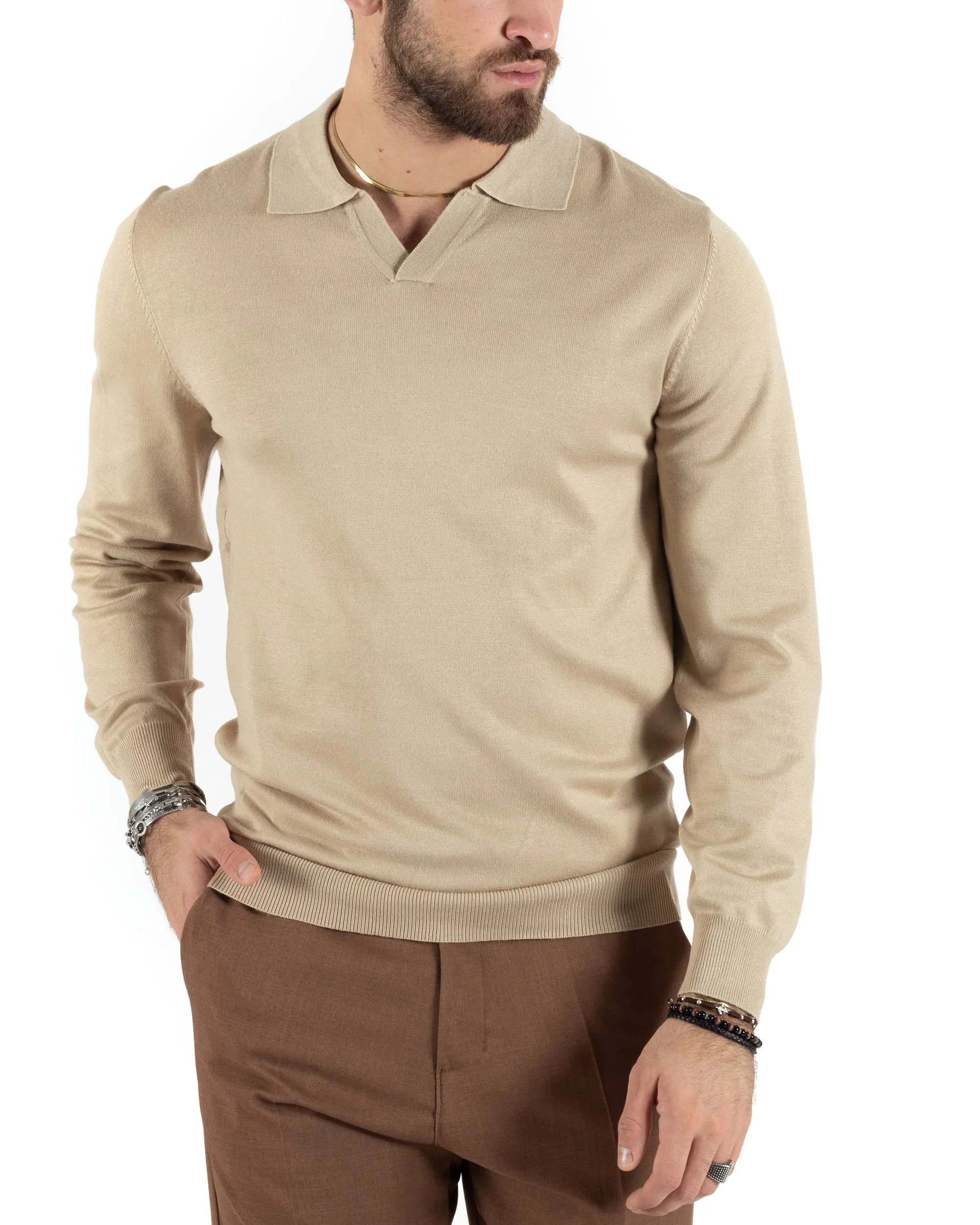 Maglioncino Uomo Casual Maglia Con Colletto Polo Scollo V Tinta Unita Basic Beige GIOSAL-M2782A