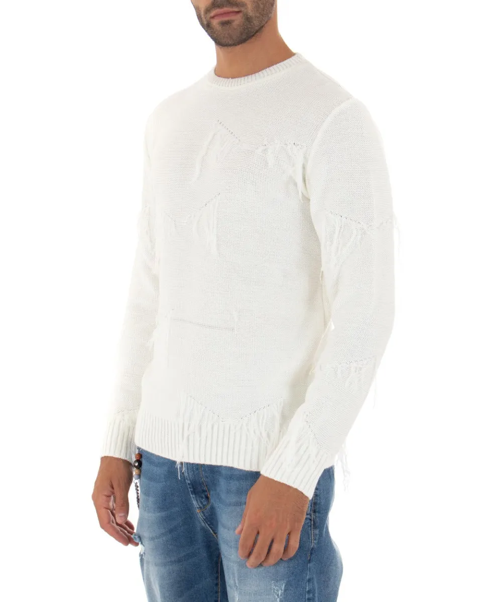 Maglioncino Uomo Girocollo Tinta Unita Bianco Maglia Basic Con Frange GIOSAL-M2260A