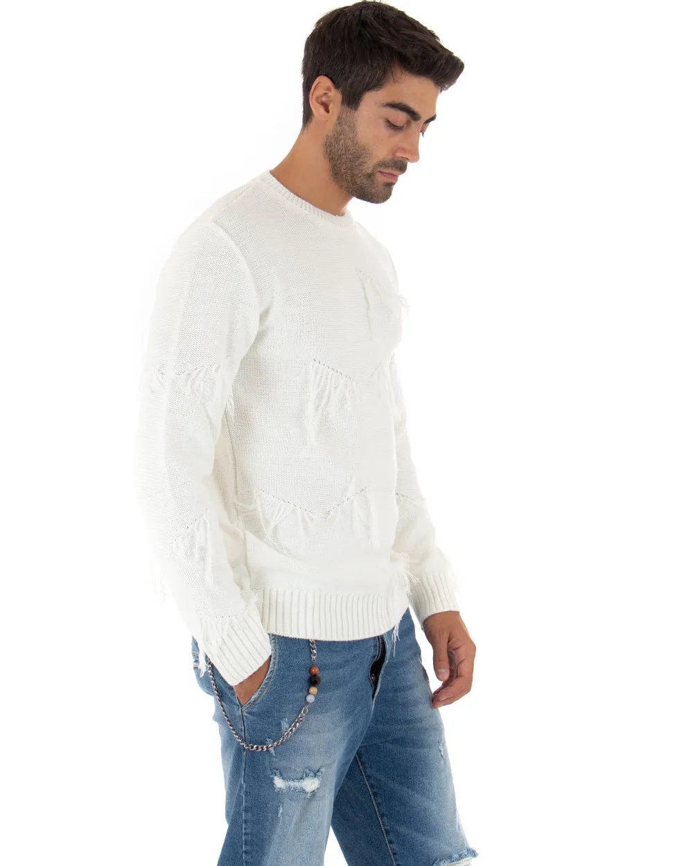 Maglioncino Uomo Girocollo Tinta Unita Bianco Maglia Basic Con Frange GIOSAL-M2260A