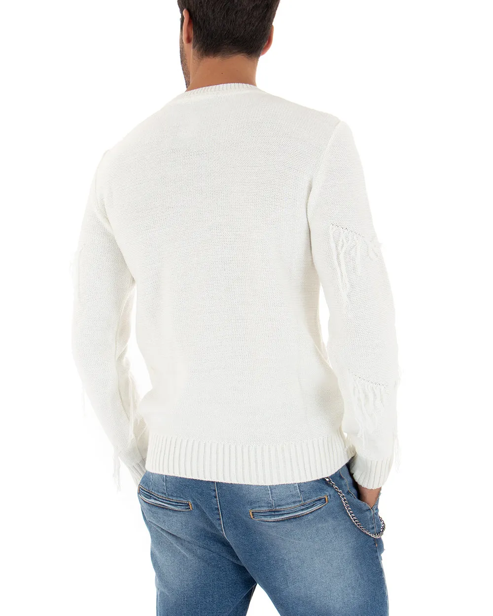 Maglioncino Uomo Girocollo Tinta Unita Bianco Maglia Basic Con Frange GIOSAL-M2260A