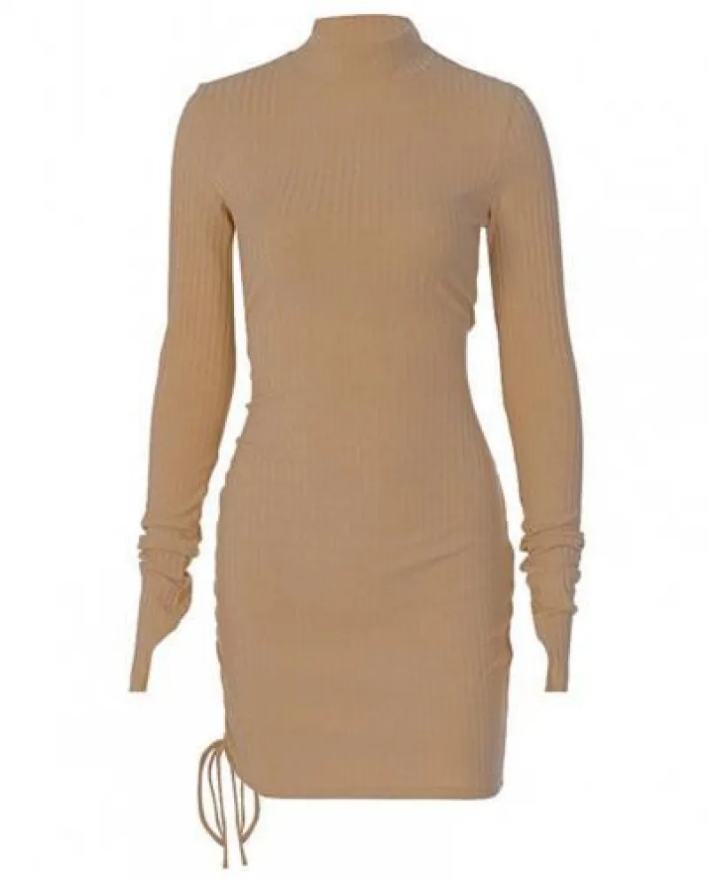 Mini abito da donna a righe a coste con coulisse increspato con lacci a maniche lunghe B
