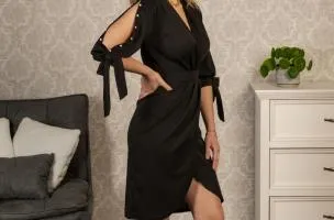 Mini abito elegante con dettaglio di perle finte e scollo incrociato Candys, nero