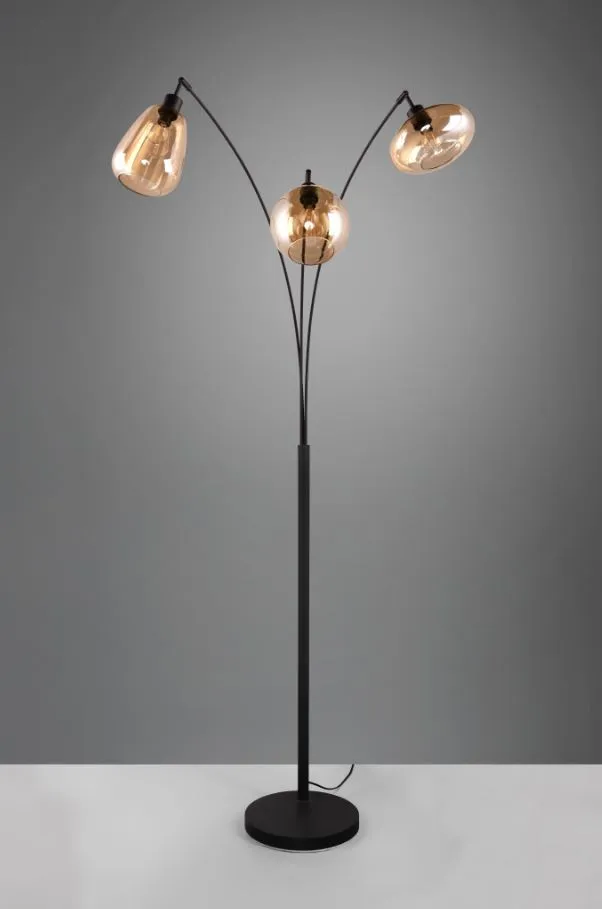 Piantana ad Arco Struttura Nera e 3 Paralumi Assortiti Vetro Ambra Lumina Trio Lighting