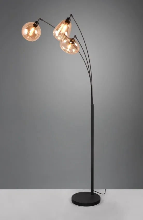 Piantana ad Arco Struttura Nera e 3 Paralumi Assortiti Vetro Ambra Lumina Trio Lighting
