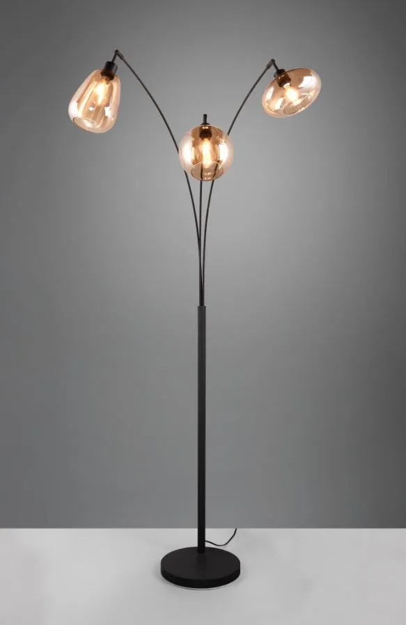 Piantana ad Arco Struttura Nera e 3 Paralumi Assortiti Vetro Ambra Lumina Trio Lighting
