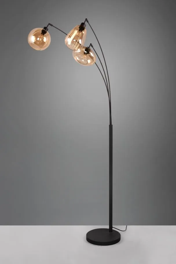 Piantana ad Arco Struttura Nera e 3 Paralumi Assortiti Vetro Ambra Lumina Trio Lighting