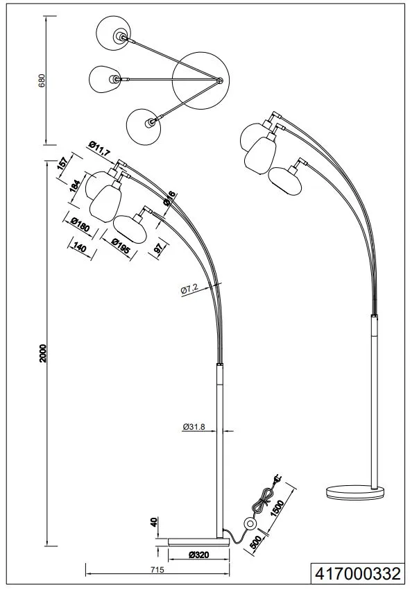 Piantana ad Arco Struttura Nera e 3 Paralumi Assortiti Vetro Ambra Lumina Trio Lighting