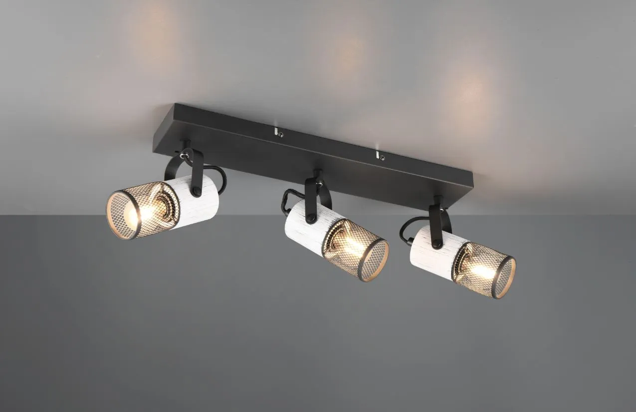 Piastra Rettangolare 3 Faretti E14 Orientabili con Legno Bianco e Gabbia Metallica Tosh Trio Lighting