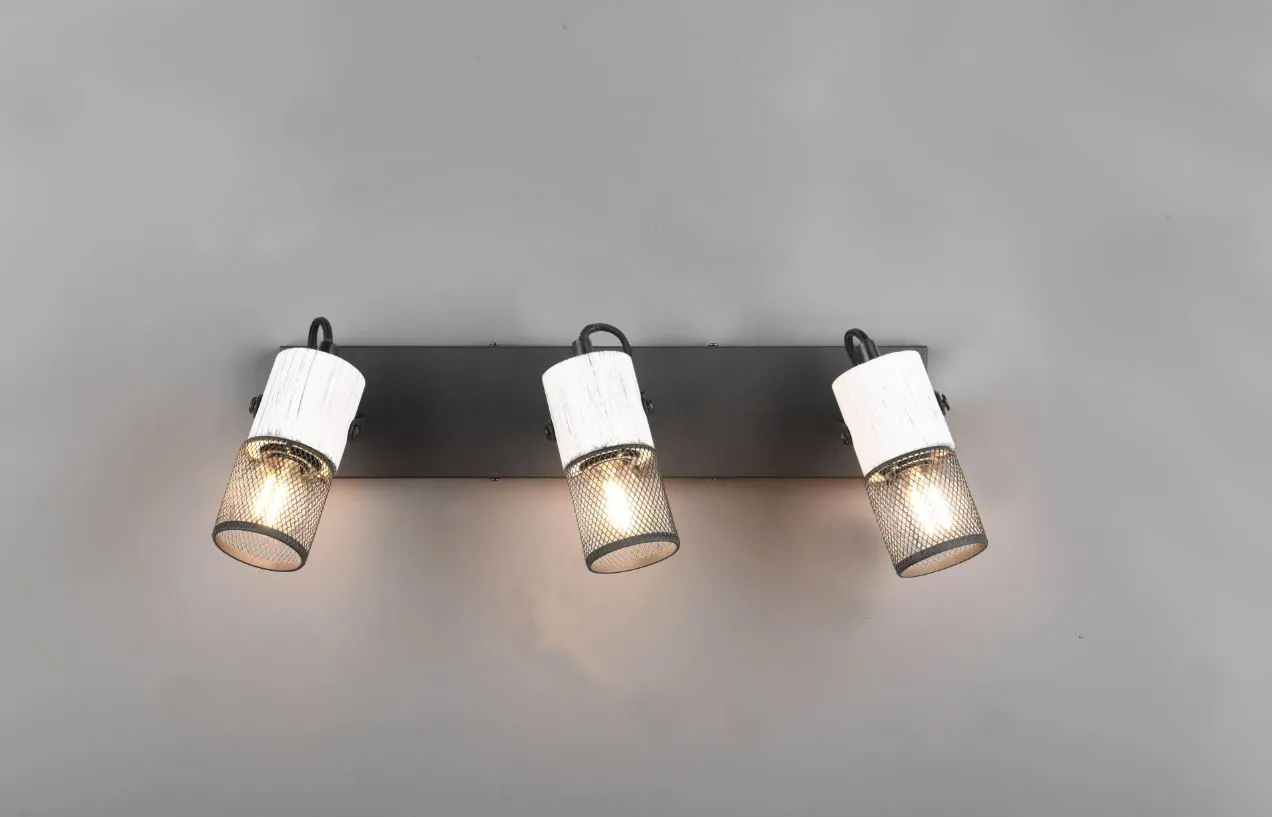 Piastra Rettangolare 3 Faretti E14 Orientabili con Legno Bianco e Gabbia Metallica Tosh Trio Lighting