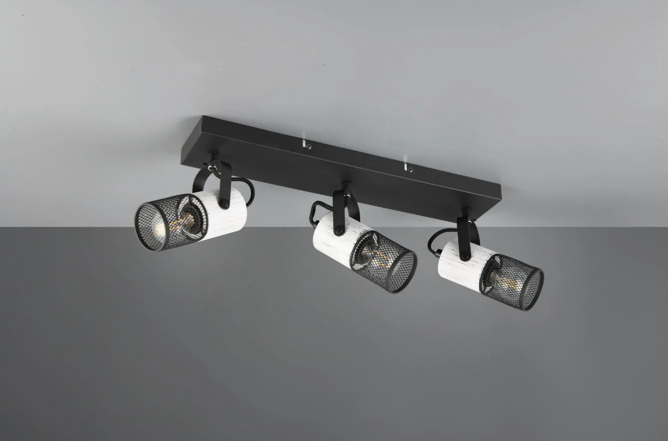 Piastra Rettangolare 3 Faretti E14 Orientabili con Legno Bianco e Gabbia Metallica Tosh Trio Lighting