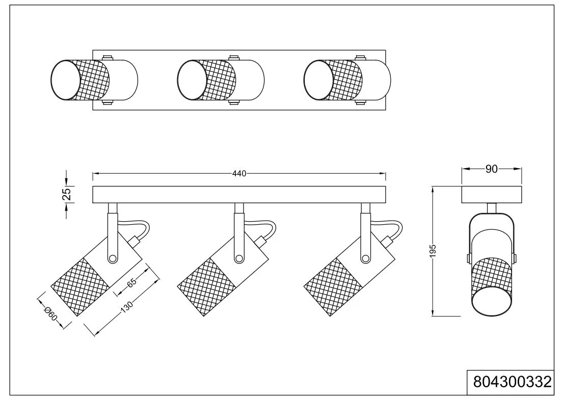Piastra Rettangolare 3 Faretti E14 Orientabili con Legno Bianco e Gabbia Metallica Tosh Trio Lighting