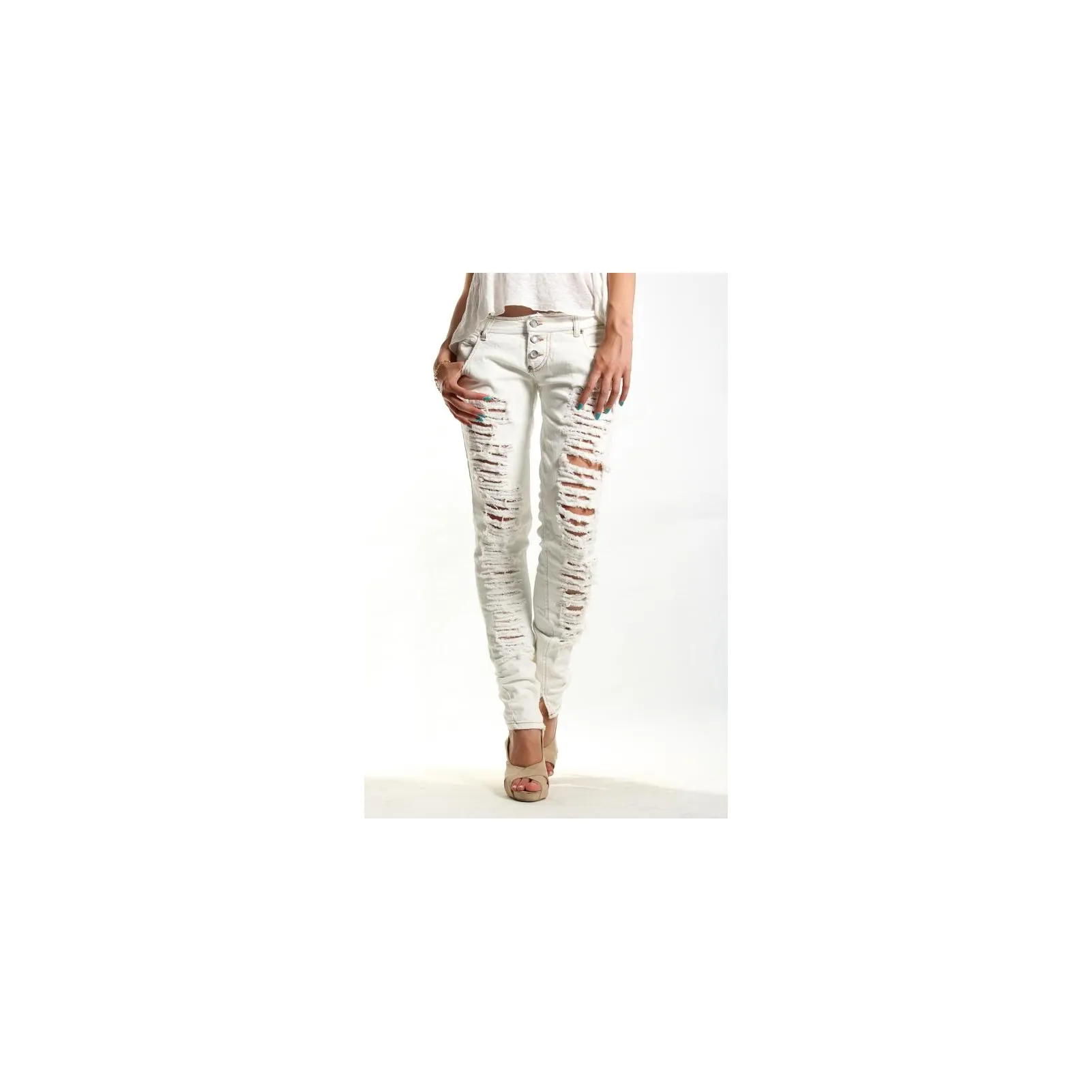 PLEASE jeans slim fit vita bassa tre bottoni P83AAS939 strappato NEW lady