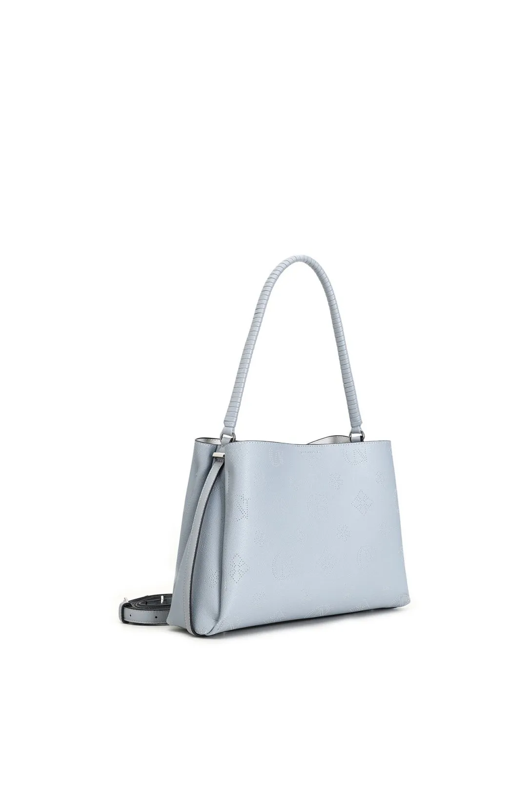 pochette in simil pelle logata con manico twist cielo