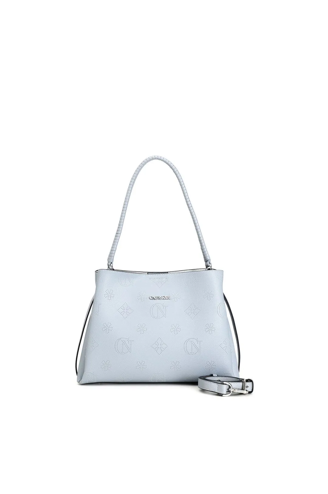 pochette in simil pelle logata con manico twist cielo