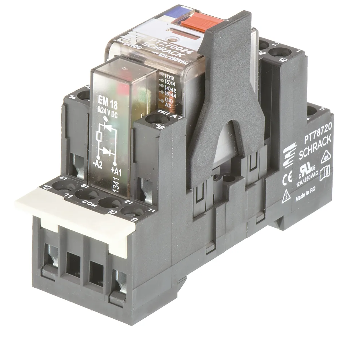 Relè di potenza TE Connectivity serie PT, DPDT, bobina 24V cc, Guida DIN