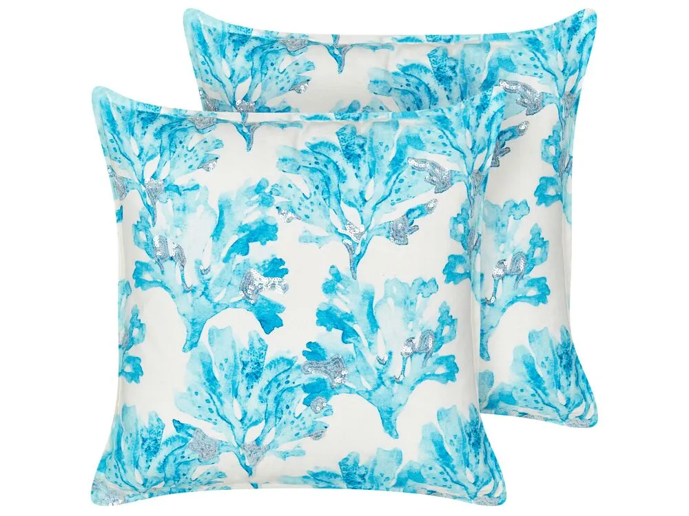 ROCKWEED Set of 2 Decorative Cushions Floral Pattern Blue 45 x 45 cm Cotton