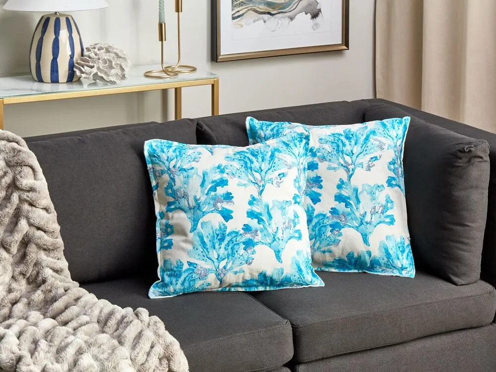 ROCKWEED Set of 2 Decorative Cushions Floral Pattern Blue 45 x 45 cm Cotton