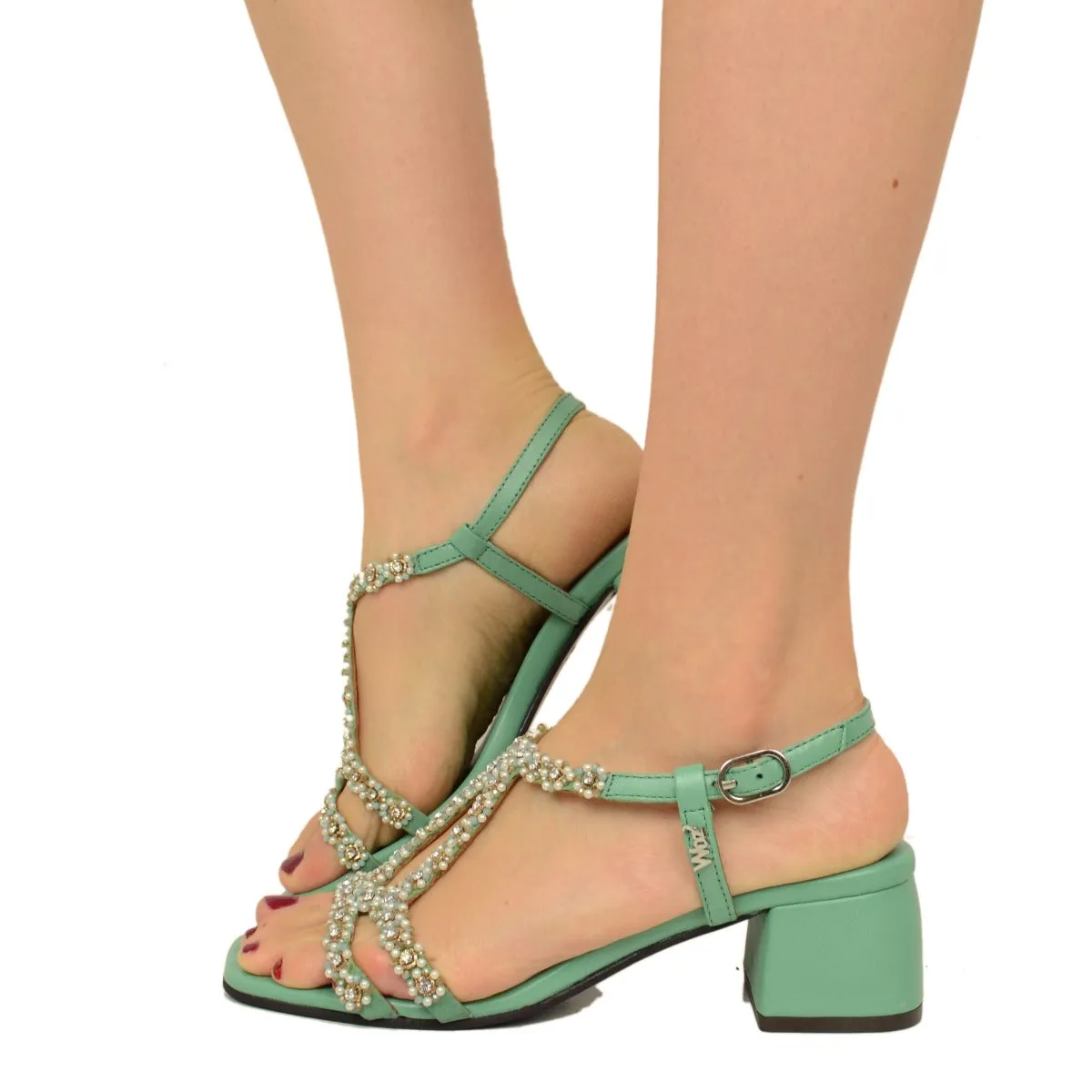 Sandali Donna in Pelle Azzurri con Tacco Medio e Strass